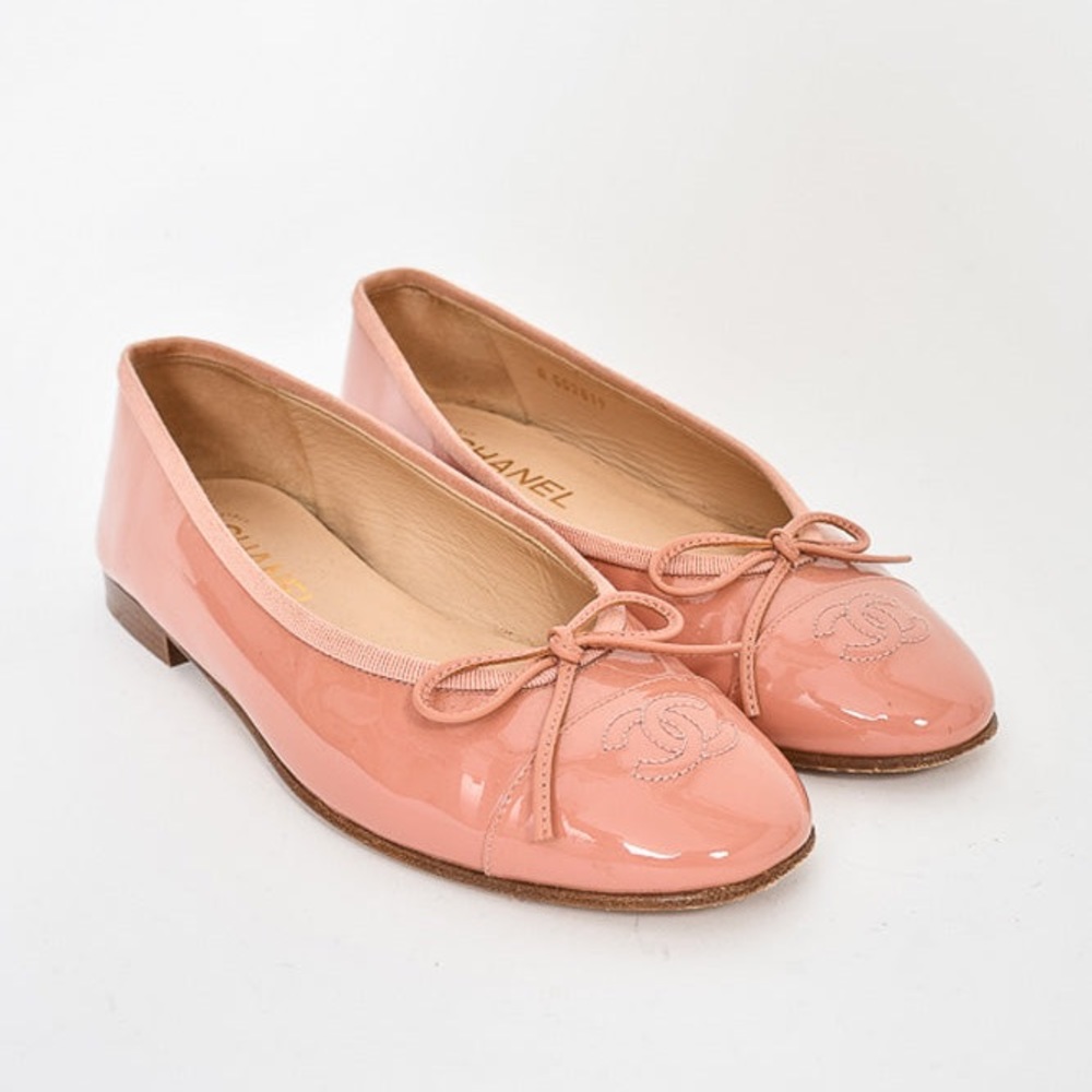Rose pink Chanel patent leather flats